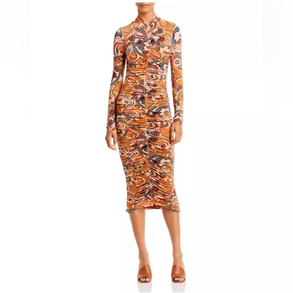 NEW! ALC Ansel Printed Ruching Mock Neck Stretch Midi Dress Size Small Bodycon - Picture 1 of 10